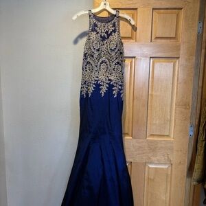 Mori Lee Navy and Gold Prom Dress